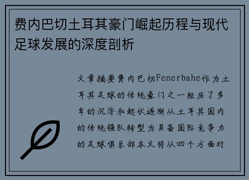 费内巴切土耳其豪门崛起历程与现代足球发展的深度剖析