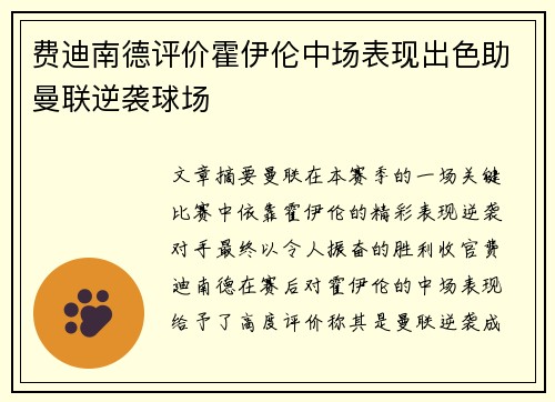 费迪南德评价霍伊伦中场表现出色助曼联逆袭球场