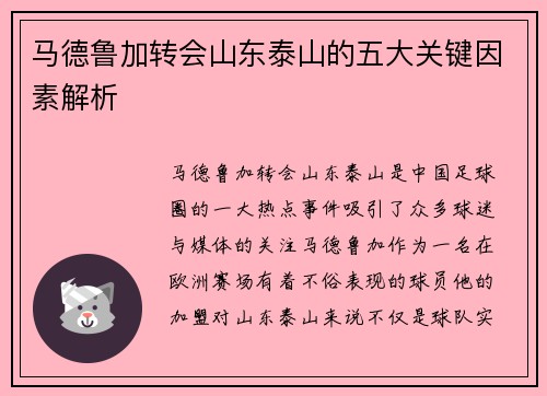 马德鲁加转会山东泰山的五大关键因素解析