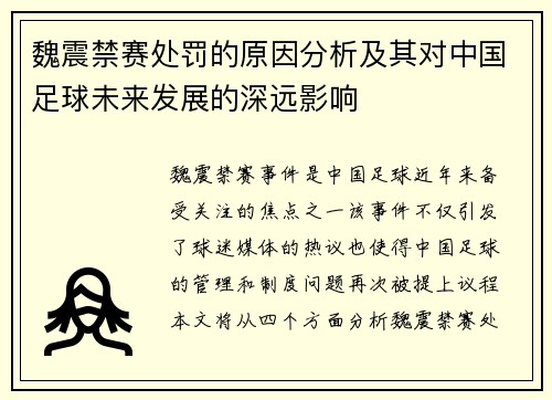 魏震禁赛处罚的原因分析及其对中国足球未来发展的深远影响 魏震禁赛处罚的原因分析及其对中国足球未来发展的深远影响